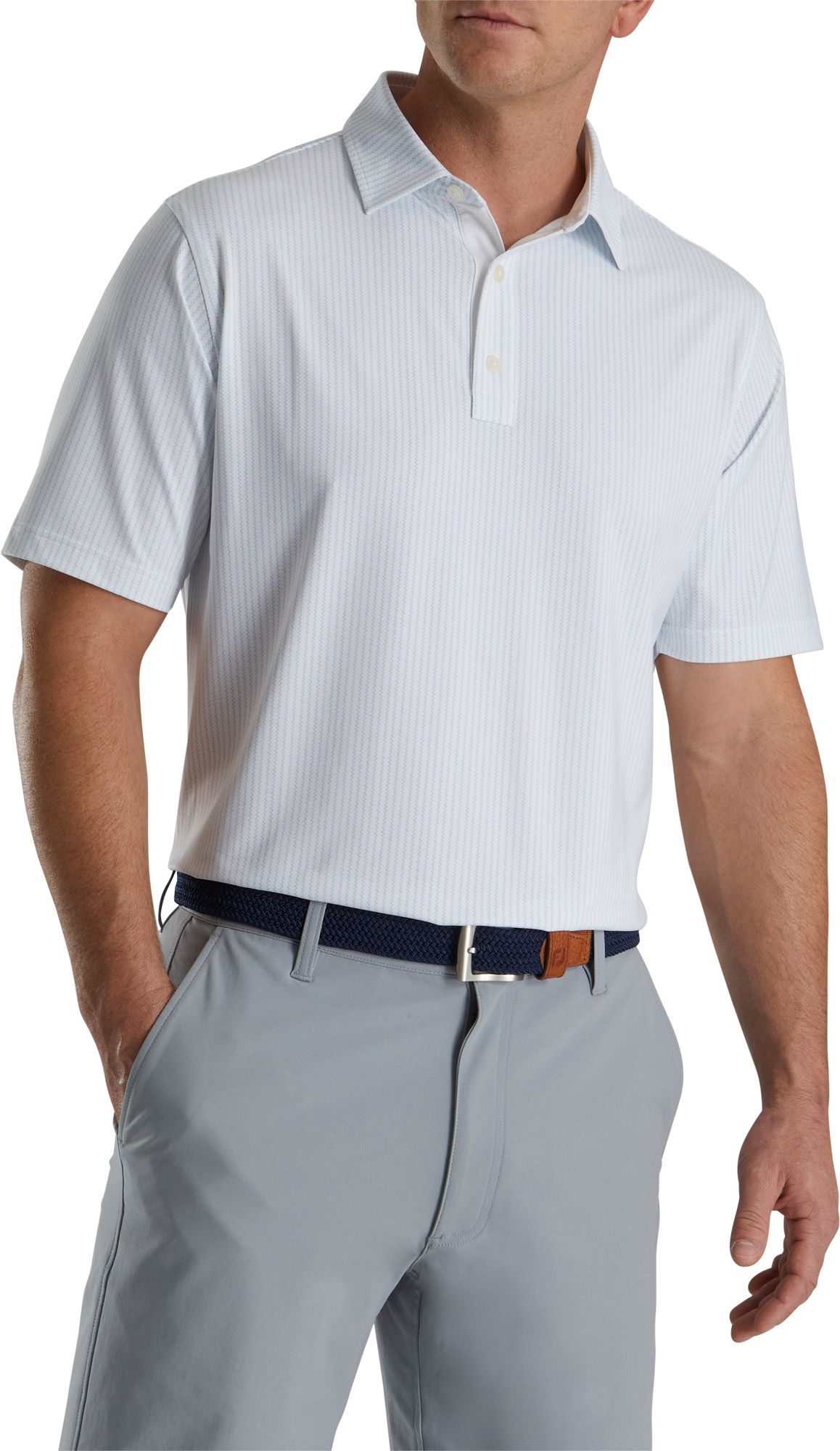 FootJoy Men's ZigZag Print Lisle Self Collar Golf Polo For Men White/blue 3 FootJoy Men's ZigZag Print Lisle Self Collar Golf Polo For Men White/blue