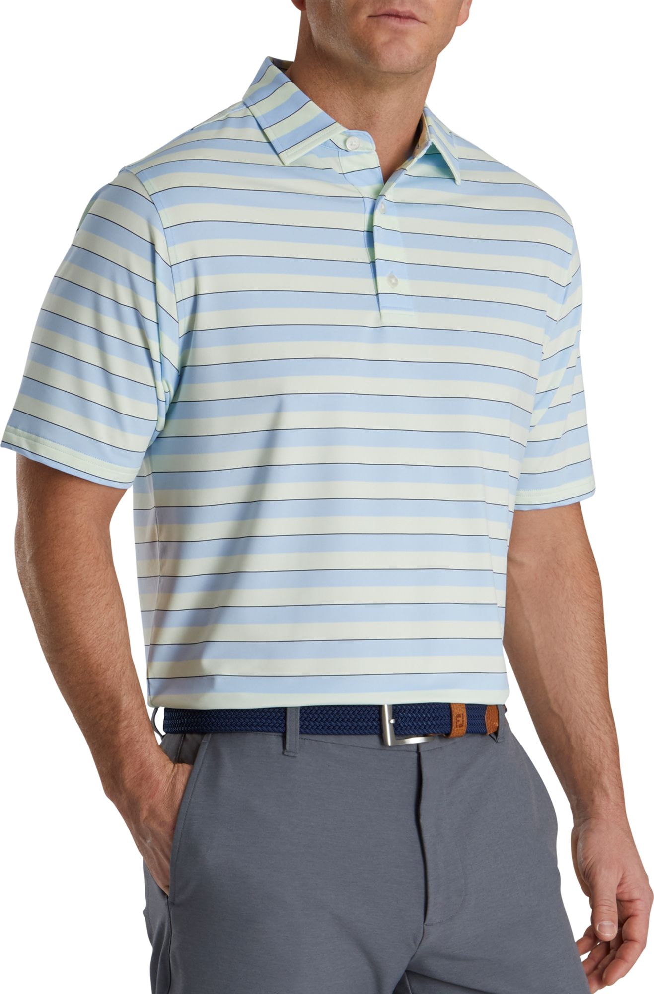 FootJoy Men's Regency Stripe Lisle Self Collar Golf Polo For Men Sky/mint 3 FootJoy Men's Regency Stripe Lisle Self Collar Golf Polo For Men Sky/mint