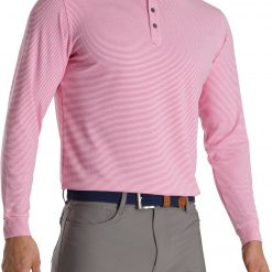 FootJoy Men's Feeder Stripe Jersey Buttondown Collar Golf Polo For Men Hot Pink/white